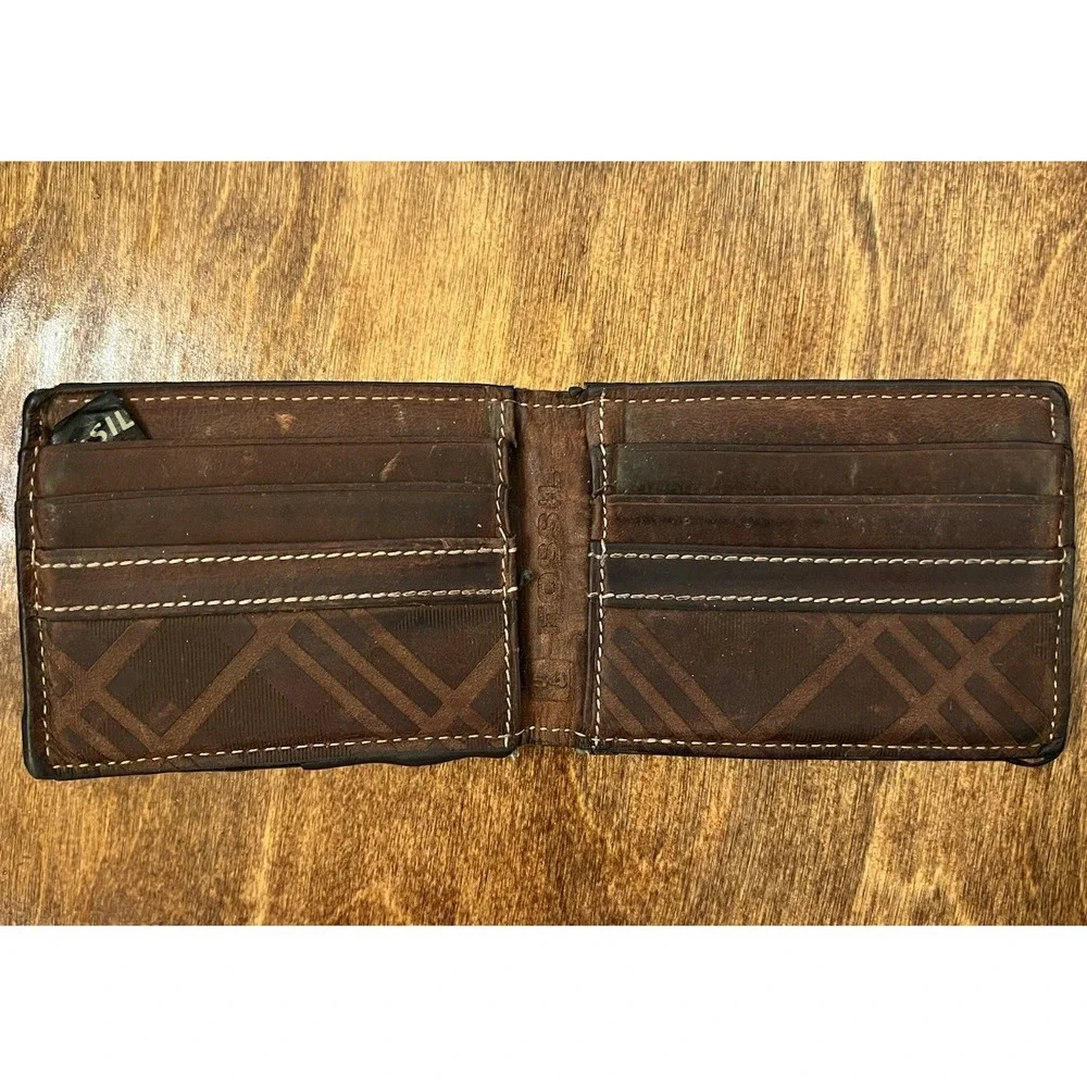 Fossil Money Clip Wallet Brown Leather With Cross Cross Design